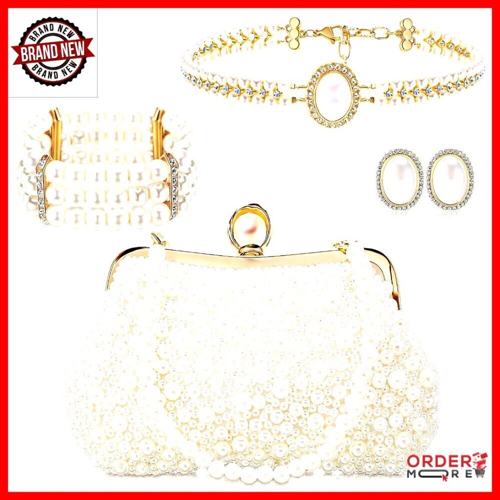 Vintage Pearl Jewelry Set with Clutch Bag for Wedding Party Evening Events